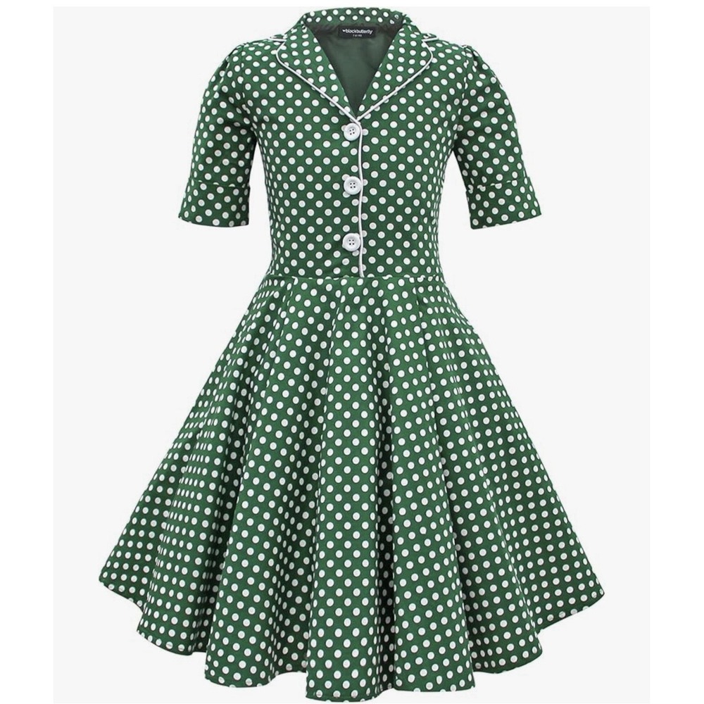 Black Butterfly Vintage Inspired‎ Girls Dress 11-12 Green/White Polka Dot
